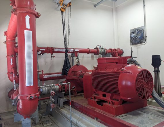 Emergency diesel and electric fire pump for power plant project. The photo is suitable to use for safety content media and fire protection background.