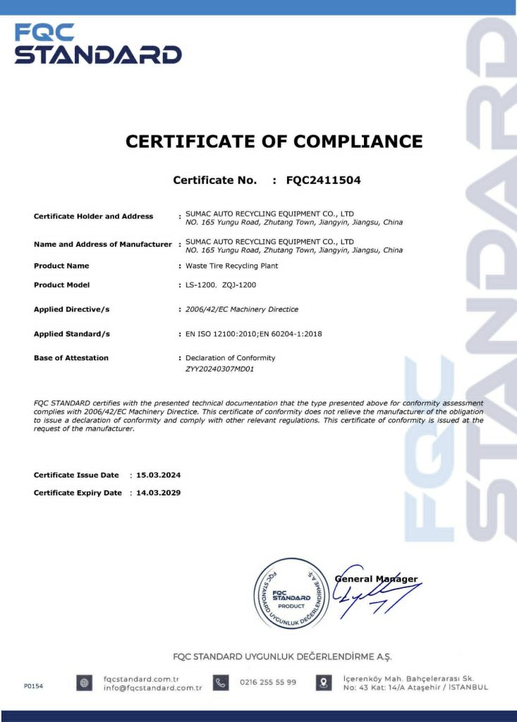 UDEM technical inspection attestation of conformity for SUMAC fuel storage tanks