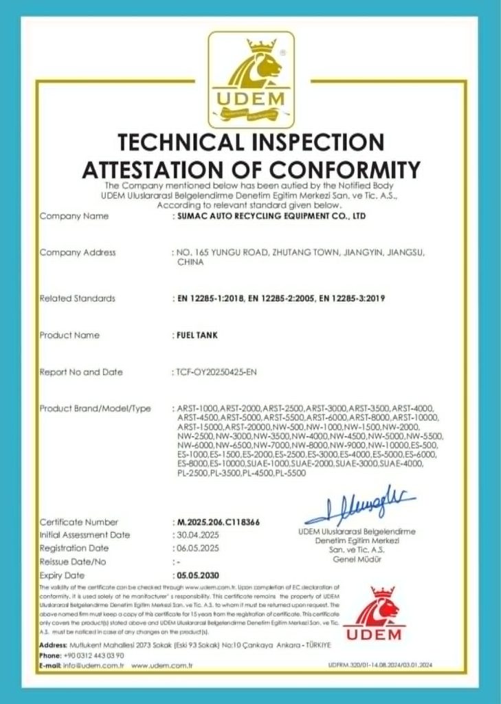 FQC Standard certificate of compliance for SUMAC self-bunded fuel storage tanks