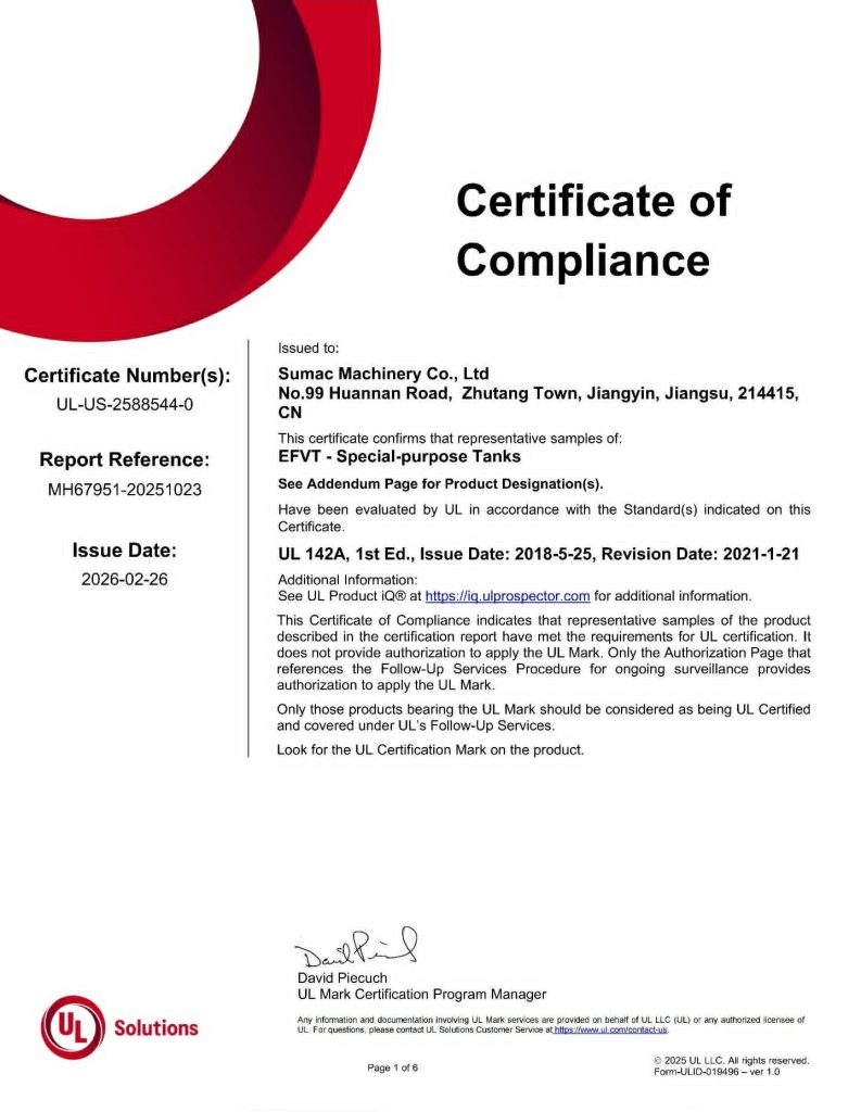 UL Solutions CAN/ULC-S601 certificate of compliance for SUMAC diesel storage tanks
