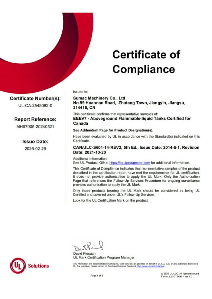 UL Solutions UL 142 certificate of compliance for SUMAC above ground fuel storage tanks
